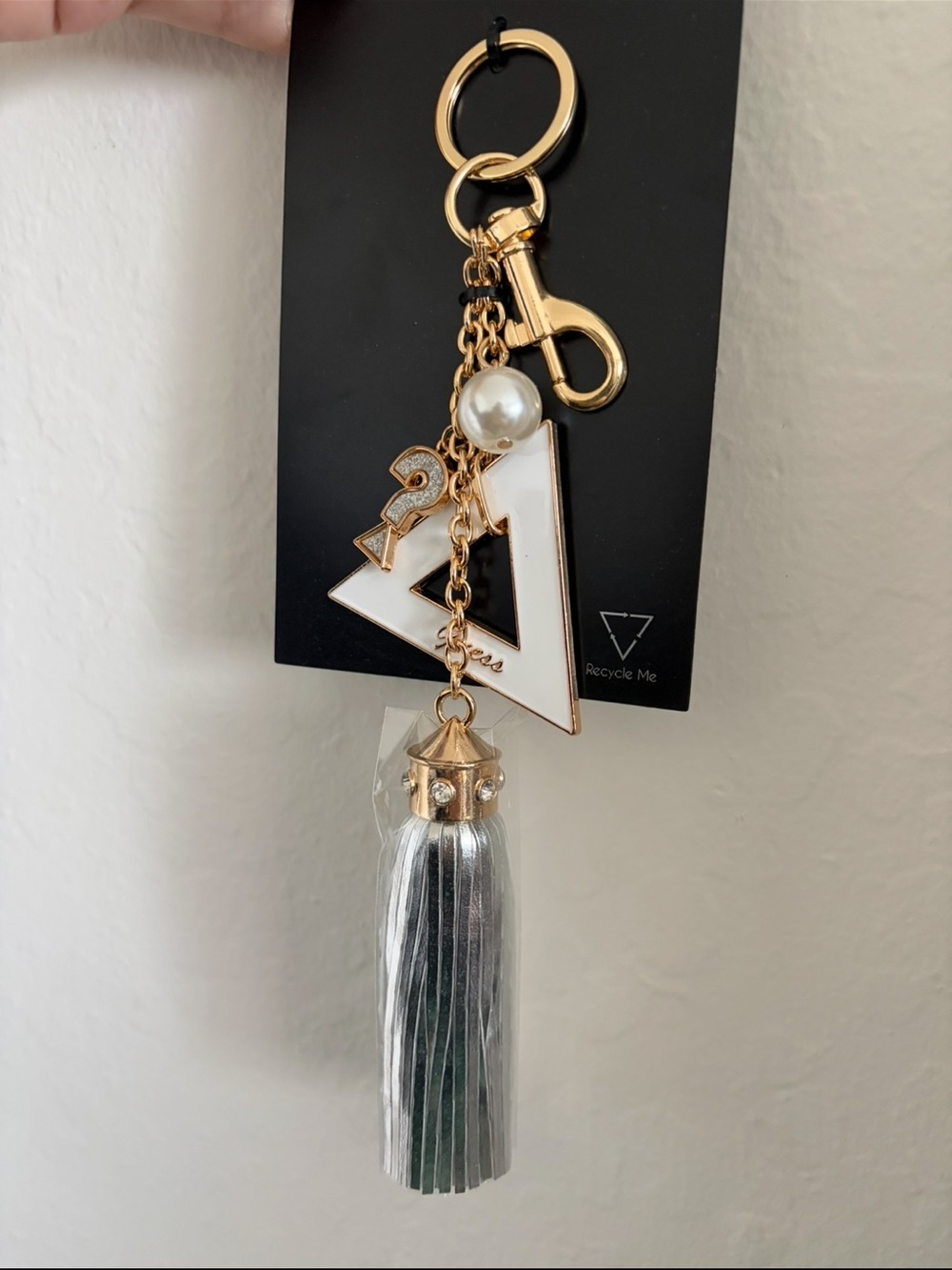NEW Guess Keychain Charm Pearl, Triangle, Question Mark, Rhynestone Tassel